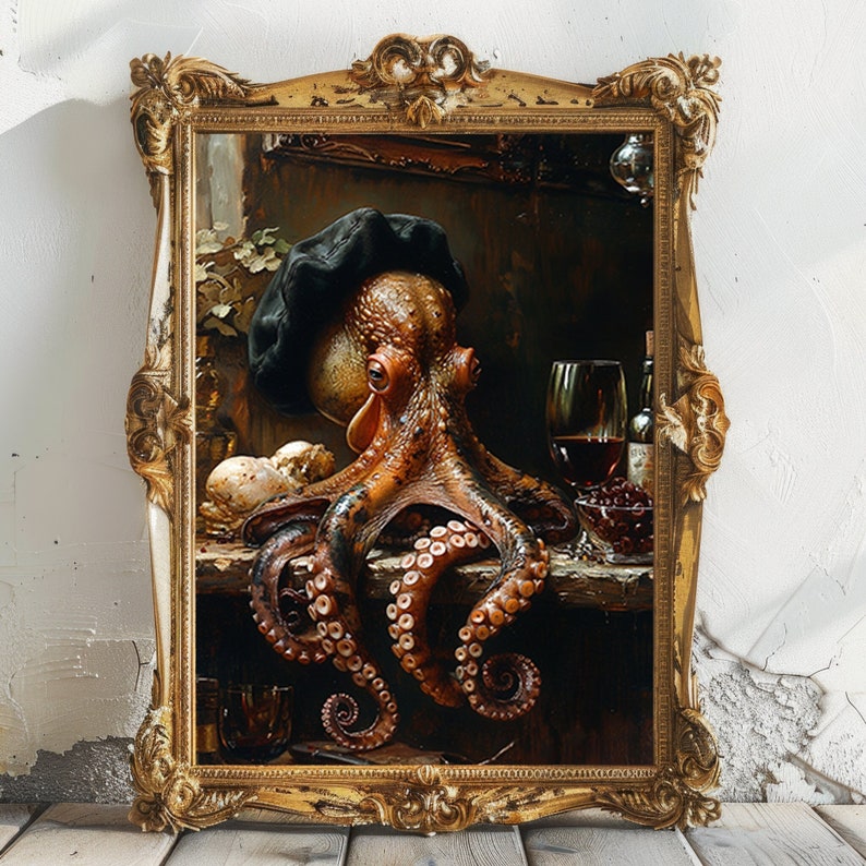 Octopus Bohemian Fancy Gentleman Wearing Beret, Whimsical Ocean Marine Life Cephalopod Fine Art Giclee Vintage Painting Wall Art, M79 image 1