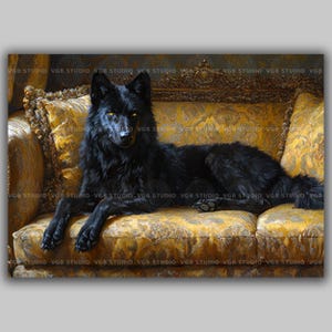 May include: A digital art print of a black wolf with yellow eyes, resting on a gold-colored, ornate sofa. The wolf's fur is detailed, and the sofa has a textured appearance. The artwork has a vintage aesthetic.
