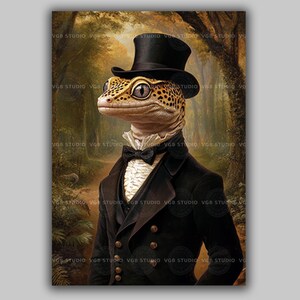 Leopard Gecko Art Print in Victorian Suit and Top Hat, Whimsical Reptile Portrait, Elegant Humorous Lizard Woodland Fantasy Wall Decor AE67