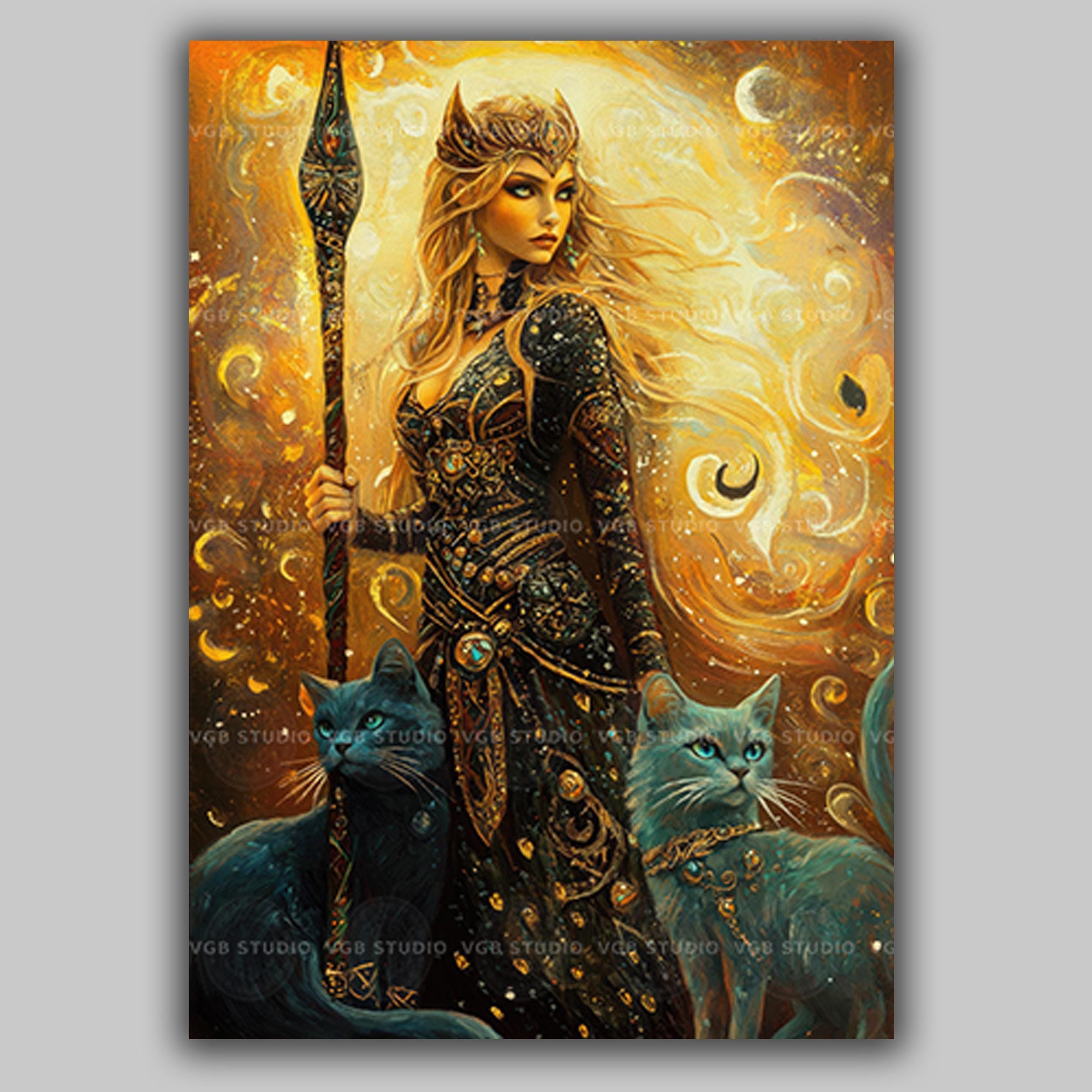 Freyja With Cats Goddess Art Print | Norse Mythology Wall Decor