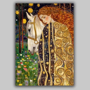 Epona Keltische Göttin Klimt Stil Kunstdruck Pagan Rothaarige mit weißem Pferd Mythische Gottheit Wanddekoration Goldene Kraft Illustration ab47