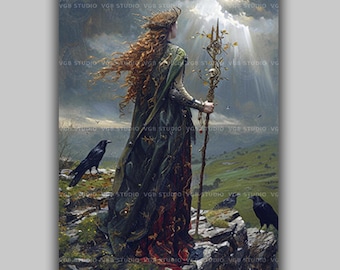 The Morrigan Wall Art Print, Irish Celtic Goddess of War and Fate, Raven Crow Pagan Decor, Dark Mythology Witchy Landscape Druid Fantasy L70