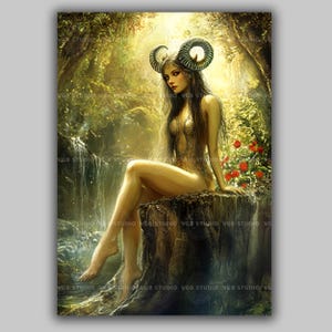 Lilith Art Print Pagan Goddess Wall Decor Horned Woman in Forest Divine Feminine Fantasy Witch Illustration Occult Dark Mythic Power ab49