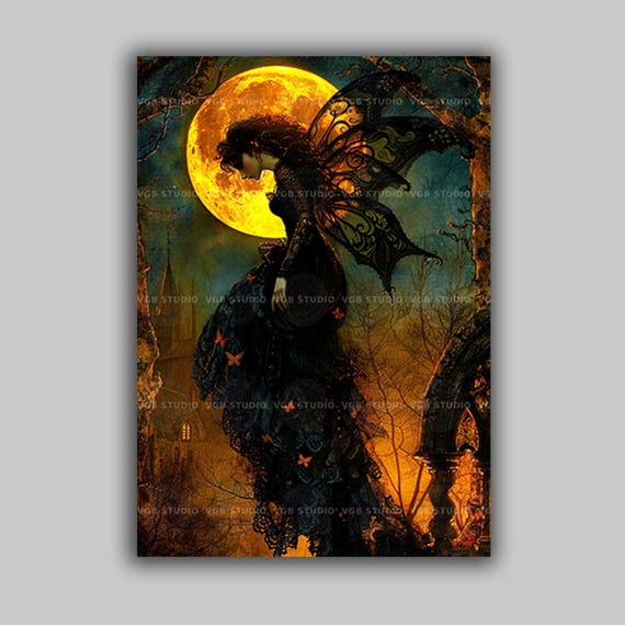 Gothic Fairy Art Print, Victorian Fae in Black Lace Under Harvest Moon, Church Spire and Copper Butterflies, Whimsigoth Halloween Decor q94