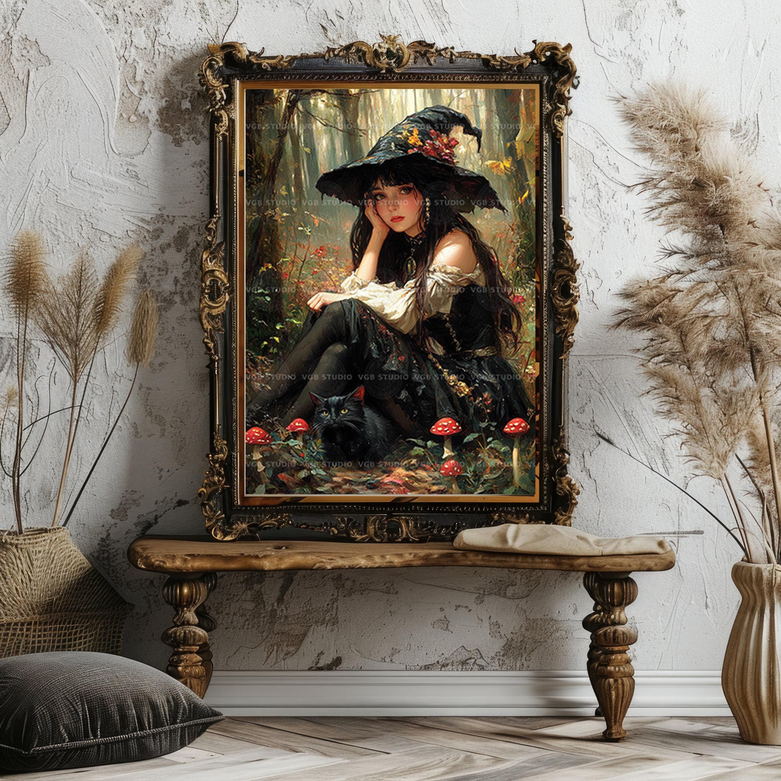 Witch Wall Art Print, Black Cat Familiar in Mushroom Forest Gothic