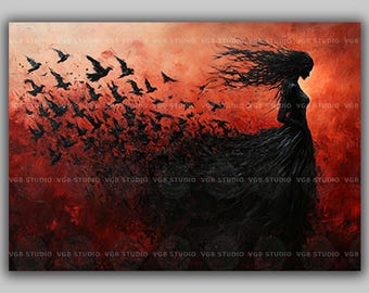 The Morrigan Wall Art Print, Raven Silhouette Transformation, Celtic Folklore, Dark Feminine Decor, Red Black Goddess, Gothic Panorama AP23
