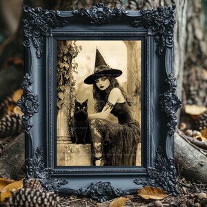 Lámina artística de bruja, retrato de gato negro, arte mural gótico vintage, decoración de bruja estilo academia oscura u26 imagen 6