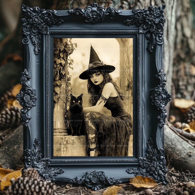 Lámina artística de bruja, retrato de gato negro, arte mural gótico vintage, decoración de bruja estilo academia oscura u26 imagen 6