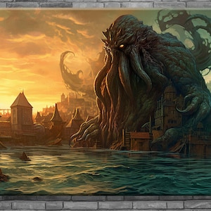 Add a touch of vintage horror to your collection with this gothic wall art, featuring a stunning painting of Cthulhu rising from the depths of the sea, a must-have for any Dark Academy or horror art enthusiast