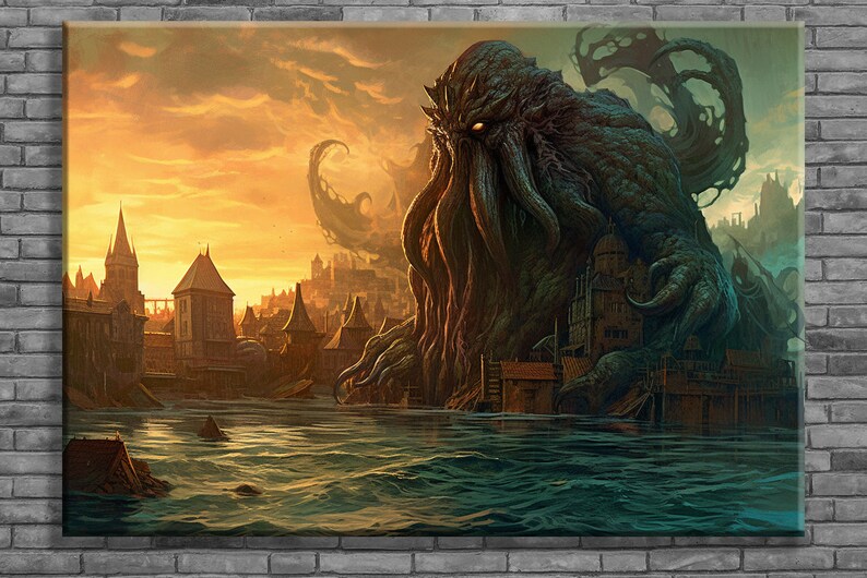 Add a touch of vintage horror to your collection with this gothic wall art, featuring a stunning painting of Cthulhu rising from the depths of the sea, a must-have for any Dark Academy or horror art enthusiast