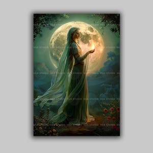 Impression d'art déesse brigide divinité du feu païenne celtique pleine lune prêtresse Art mural fantaisie divin féminin printemps cadeau mythologie irlandaise M91