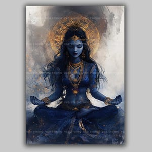 Kali Göttin Kunstdruck in Blau und Gold, Göttin der Göttin Göttin der Göttin, dunkle Mutter, Meditation, Hexenaltar und Heilige Räume AF52