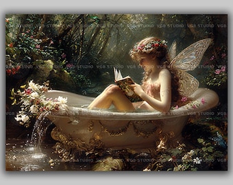 Fairy in Bathtub Art Print Whimsical Bathroom Decor Reading Wall Art Fantasy Woodland Fairycore Illustration Floral Magical Cottagecore q89