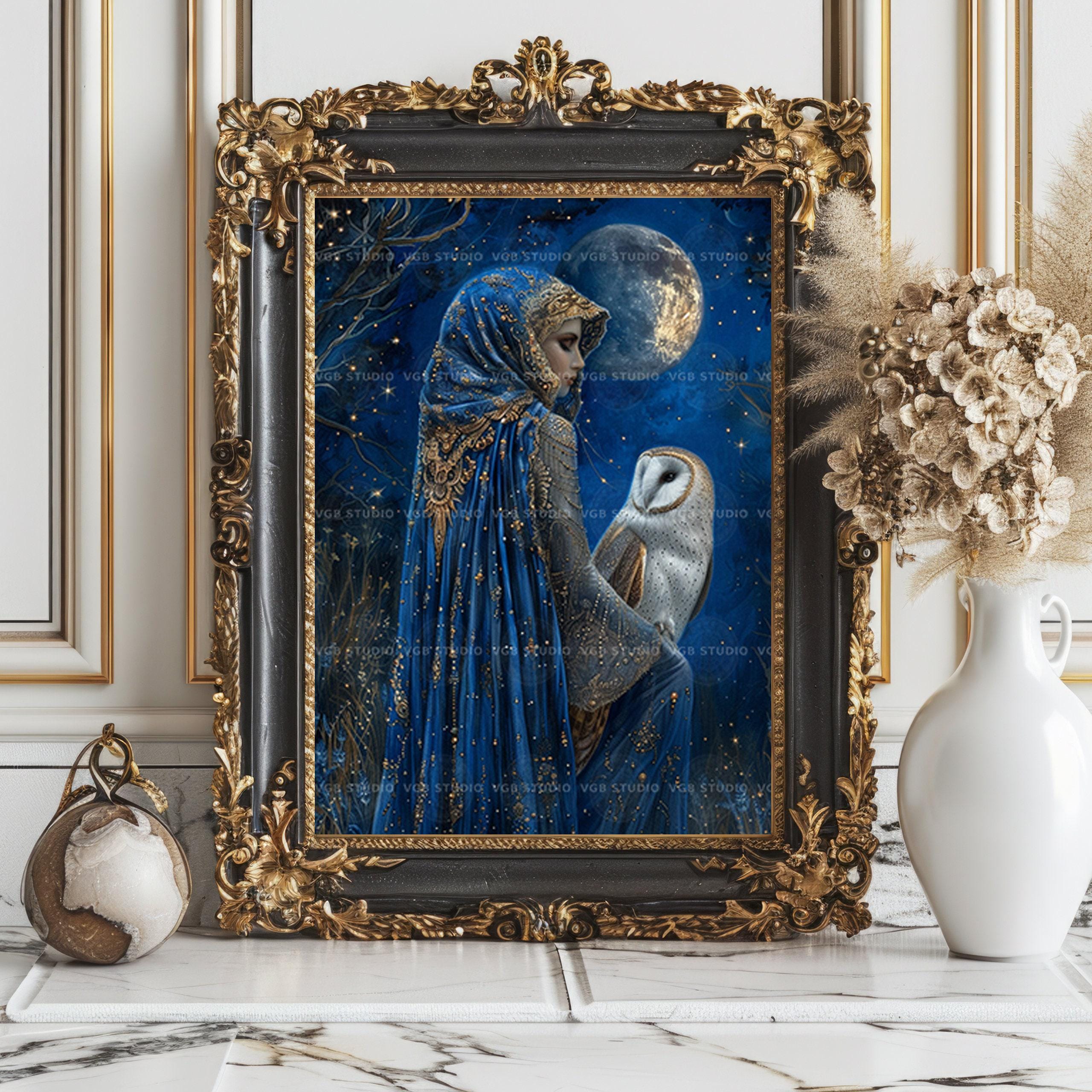 夜の女神ニュクスのギリシャアートプリント、メンフクロウと月の絵画