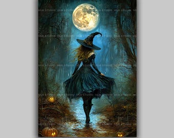 Witch Wall Art Print, Halloween Decor, Enchanted Forest, Full Moon, Dark Academia, Gothic Fantasy, Jack O Lantern, Witchy Gifts, Autumn t31