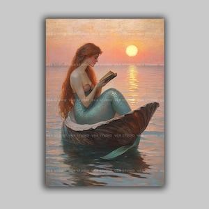 May include: A vintage painting shows a mermaid with long red hair reading a book in a seashell. The mermaid has a teal tail, set against a sunset over the sea. The artwork has a soft, warm colour palette. The image has the text "VGB STUDIO" in the corners.