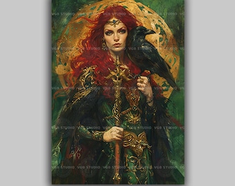 The Morrigan Celtic Knot Art Print, Irish Mythology Raven Goddess Poster, Crow Warrior Queen Painting, Witchy Pagan Wall Decor q59
