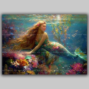 Floral Mermaid Art Print Underwater Fantasy Decor Dreamy Ocean Scene with Coral and Flowers Whimsical Sea Creature Illustration for Home P40