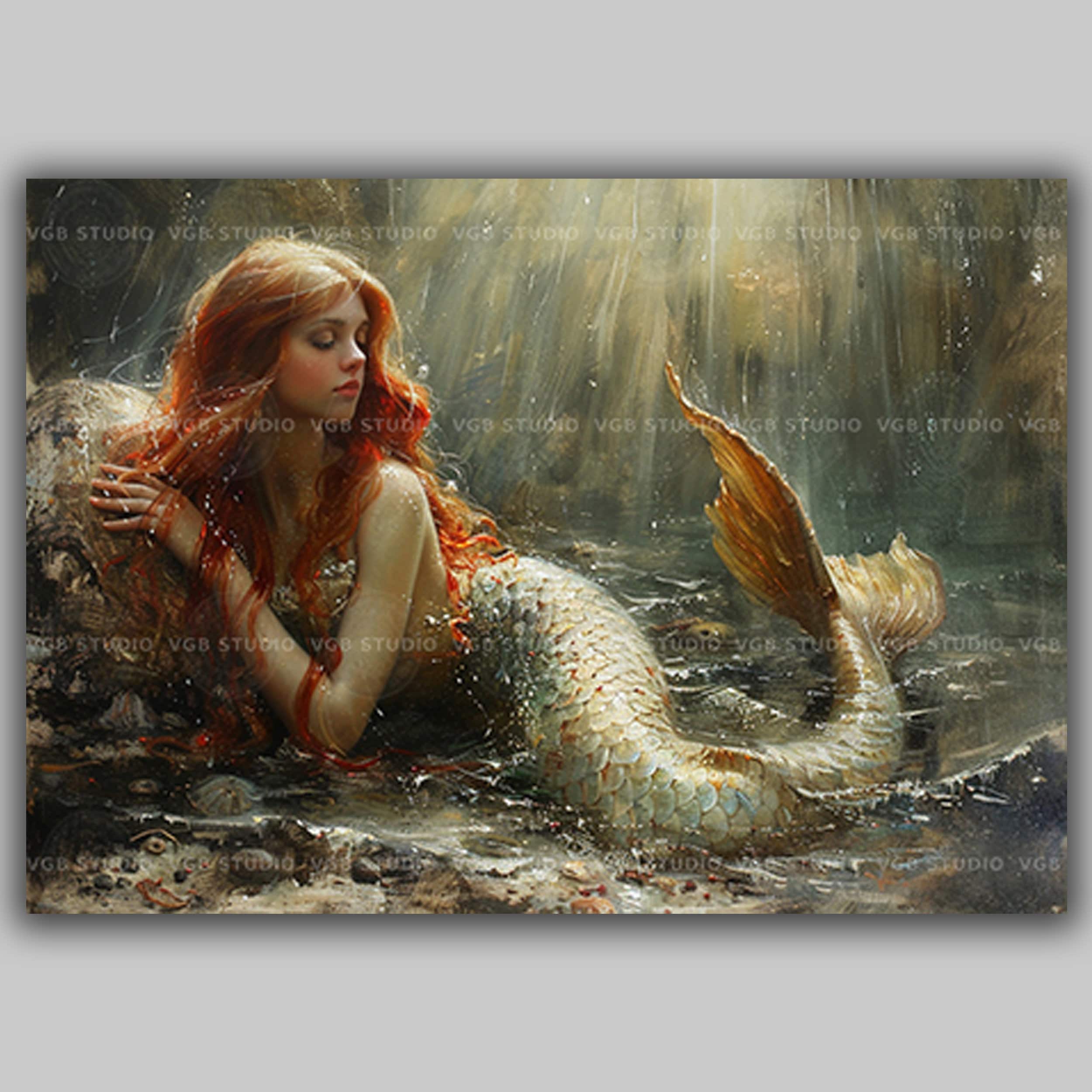 赤毛の人魚のウォールアートプリント、海岸風バスルーム装飾