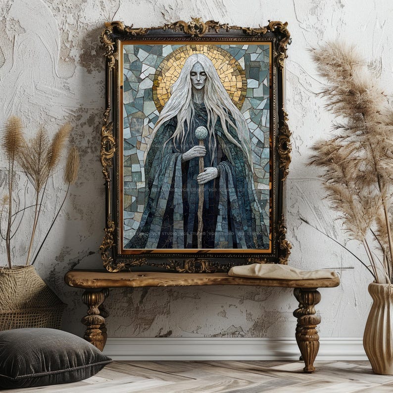 May include: A framed mosaic art print featuring a figure with long white hair, wearing a dark blue cloak, and holding a staff. The artwork has a gold halo and is set in an ornate, dark gold frame. The print is displayed on a wooden bench.