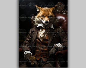 Victorian Fox Wall Art Print, Gentleman Animal Portrait, Dark Academia Dapper Woodland Vintage Library Study English Country Manor Gift G36