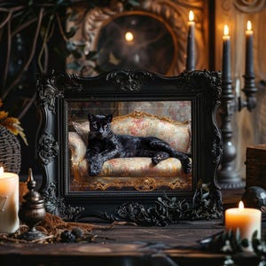 Schwarzer Panther Kunstdruck Viktorianischen Sofa Tierportrait Wunderlich Katze Dekor Galerie Wand Maximalist Katze Malerei Vintage Geschenk AH18 Bild 6