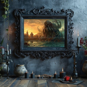 Cthulhu kunst aan de muur kosmische horror print Lovecraftian decor gotische fantasie kust ruïnes donkere mythologie monster kunst oude horror cadeau A51 afbeelding 5