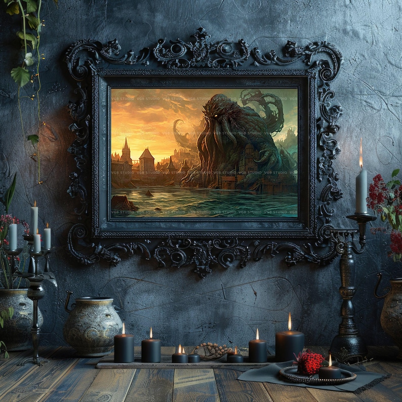 Cthulhu kunst aan de muur kosmische horror print Lovecraftian decor gotische fantasie kust ruïnes donkere mythologie monster kunst oude horror cadeau A51 afbeelding 5