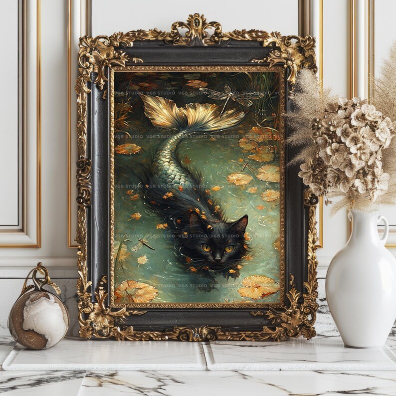 Mermaid Cat Fantasy Print Mystical Black Cat with Fish Tail in Enchanted Pond Dragonflies Autumn Leaves Cozy Cottagecore Animal Art AC63 image 5