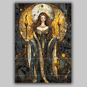 Hecate Goddess Of Witchcraft Magic And The Moon Art Print Torches And Stars Mosaic Style Mythology Wall Decor Pagan Divine Feminine AG18