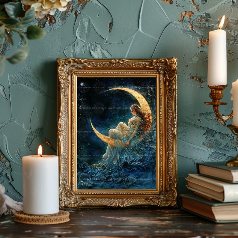 Selene maan godin Wall Art Print wassende maan hemelse decor Griekse mythologie poster goddelijke vrouwelijke spirituele kunst Dark Academia Lunar 23 afbeelding 5