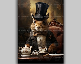 Victorian Squirrel Gentleman Portrait Wall Art Print Top Hat Tea Time Whimsical Animal Decor Dark Academia Cottagecore Gift K13