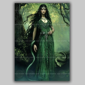 Sirona Art Print Celtic Goddess Healing Water Snake Green Witch Decor Pagan Spiritual Wall Art Druid Mythology Herbal Magic Woman AF01