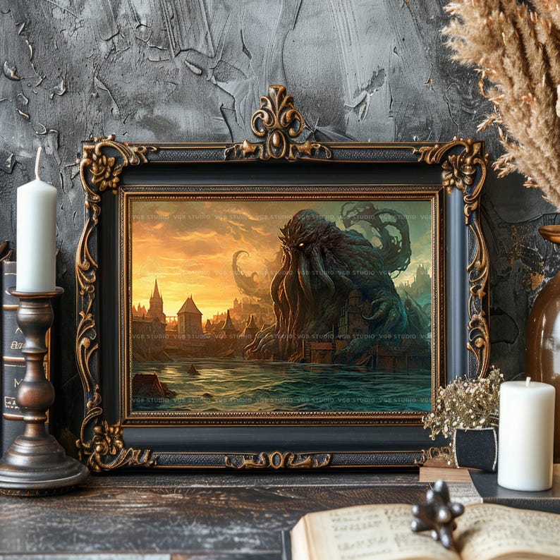 Cthulhu kunst aan de muur kosmische horror print Lovecraftian decor gotische fantasie kust ruïnes donkere mythologie monster kunst oude horror cadeau A51 afbeelding 2