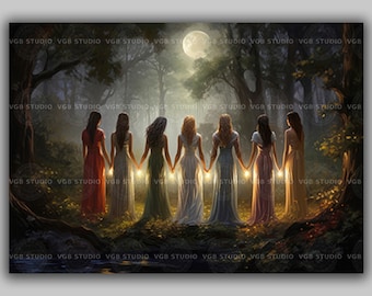 Sisterhood Gathering Wall Art Print, Seven Women Holding Hands, Full Moon Forest, Sacred Feminine, Enchanted Woodland, Spiritual Decor k27