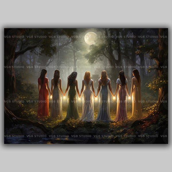 Moon Circle Sisterhood Wall Art Print, Seven Women Holding Hands, Sacred Feminine Forest Ritual, Witchy Lunar Decor Spiritual Pagan Gift k27