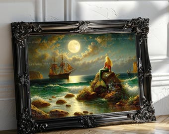マーメイド ウォールアート 月明かりに照らされた海の絵画 海上の船の