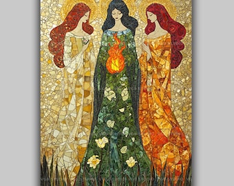 Brigid Celtic Triple Goddess Mythology Art Print, Sacred Feminine Decor, Fire and Hearth Deity, Irish Folklore, Pagan Wiccan Symbolism AE35