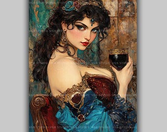 Gothic Femme Fatale Wand Kunst Druck, Dunkle Feminine Frau Vintage Vampir Porträt Romantisches Boudoir Dekor, Viktorianischer Glamour Stimmungsvolles Schlafzimmer S39