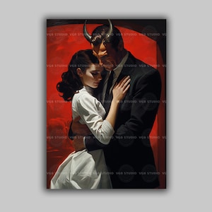 Woman Embracing Devil Dark Romance Print, Devilish Allure Fiery Passion Baroque Painting Artwork, Goth Love Story Witchcraft Satanic G46