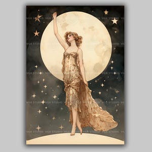 Moon Goddess Art Deco Wall Art Celestial Star Maiden Print Full Moon Mystical Goddess Illustration Dreamy Night Sky Decor for Bedroom AH90
