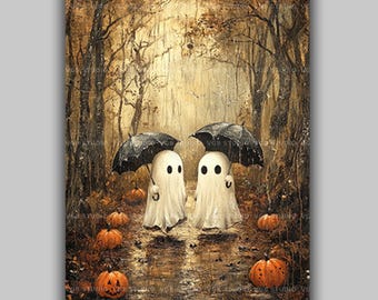 Cute Ghost Halloween Wall Art Print, Spooky Autumn Decor, Whimsical Pumpkin Scene  Gothic Rainy Forest Artwork, Fall Season Gift u17