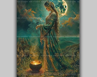 Ceridwen Celtic Welsh Goddess Knowledge Magic Deity, Cerridwen Fine Art Giclee, Crescent Moon Baroque Painting, Pagan Gods M16