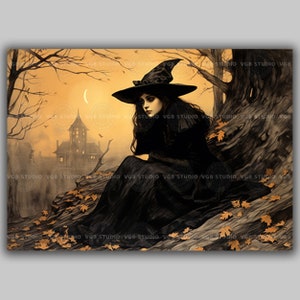 Witch Art Print Gothic Forest Halloween Wall Decor Autumn Witchcore Style Crescent Moon Scene Spooky House Illustration Cottagecore Girl F38