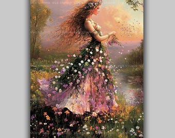 Flora Roman Goddess of Spring and Flowers Wall Art Print, Floral Meadow Nature Deity Cottagecore Botanical Decor, Pagan Divine Feminine ac51