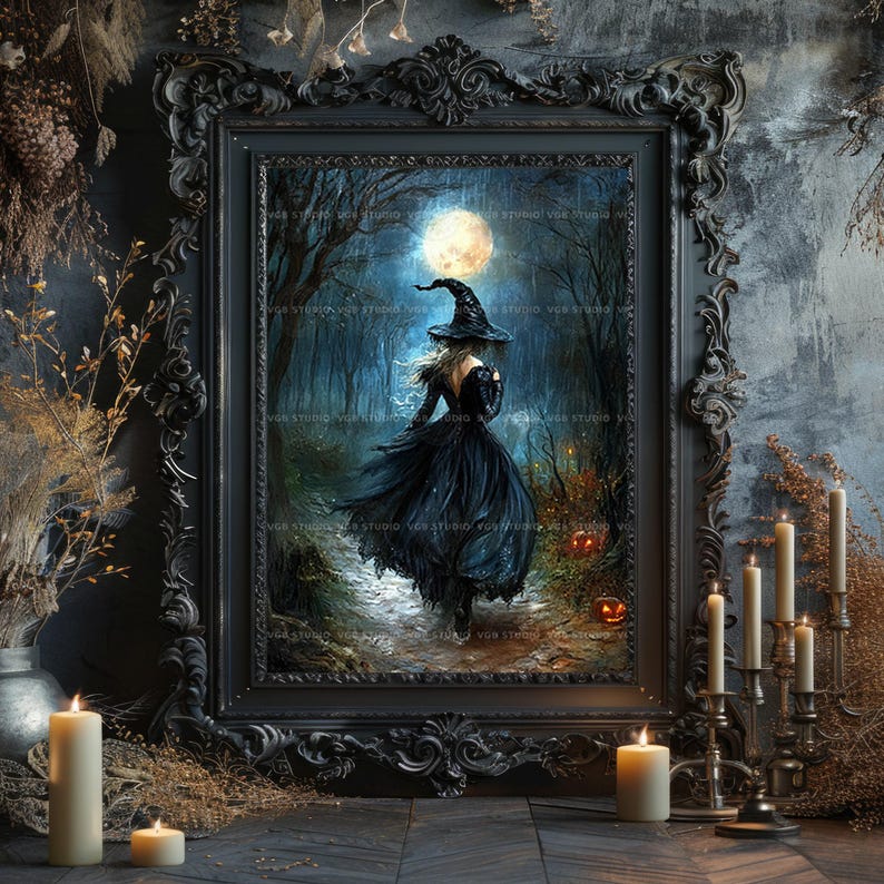 Witch Wall Art Print, Gothic Halloween Decor, Full Moon Painting, Occult Aesthetic, Dark Academia Poster, Witchy Gifts, Pagan Altar t46 image 6