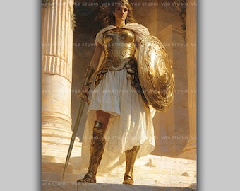 Athena Greek Warrior Goddess of Wisdom and War Feminine Print, Classical Mythology Deity Art, Celestial Spiritual Mythological Painting AE09