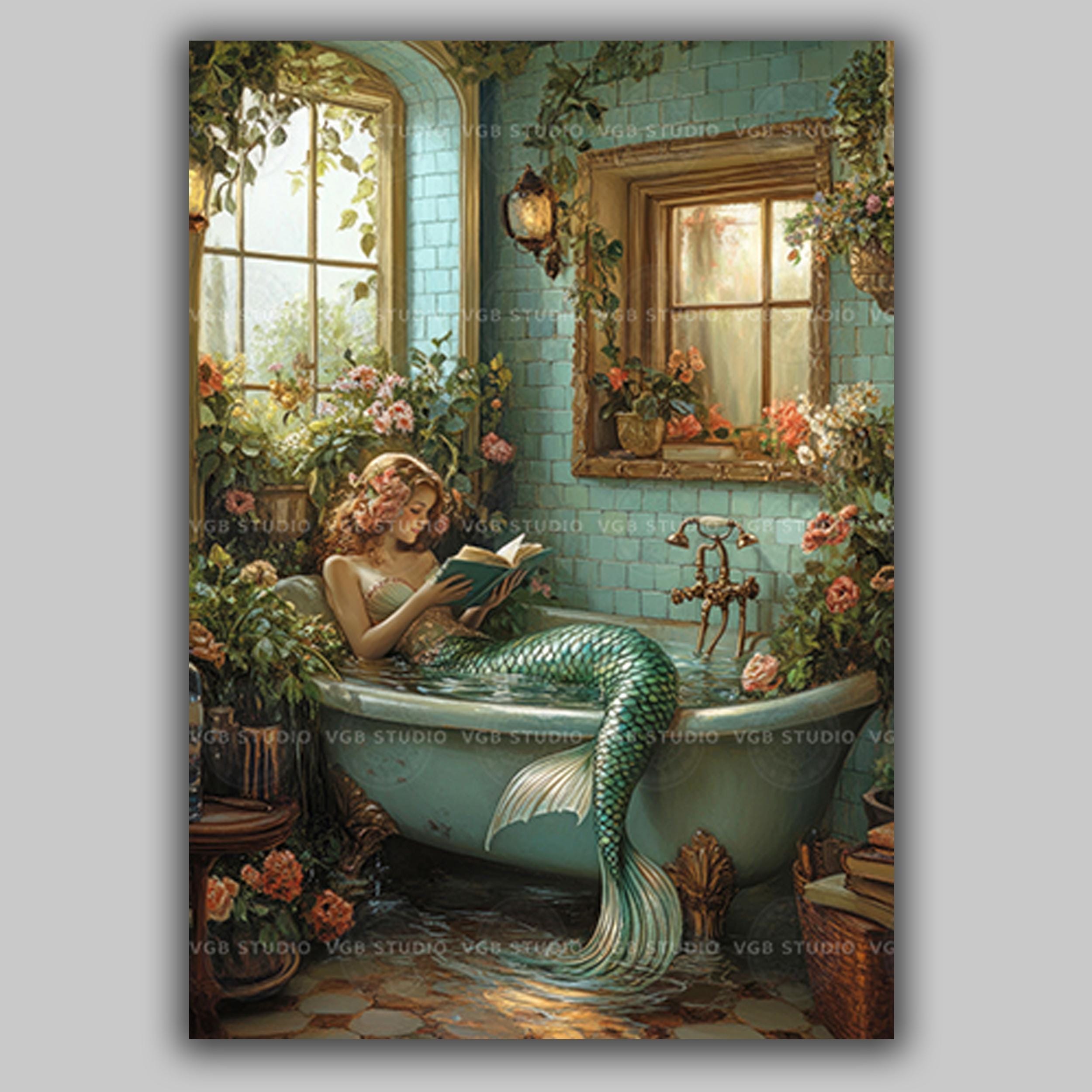 Mermaid Reading in Victorian Bathtub Art, Whimsical Cozy Bathroom Decor