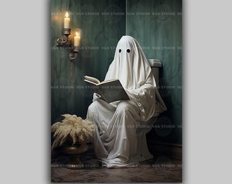 Funny Ghost Bathroom Wall Art Print, Spooky Toilet Reading Poster, Gothic Room Decor, Haunted Book Lover Artwork, Quirky Halloween Print H27