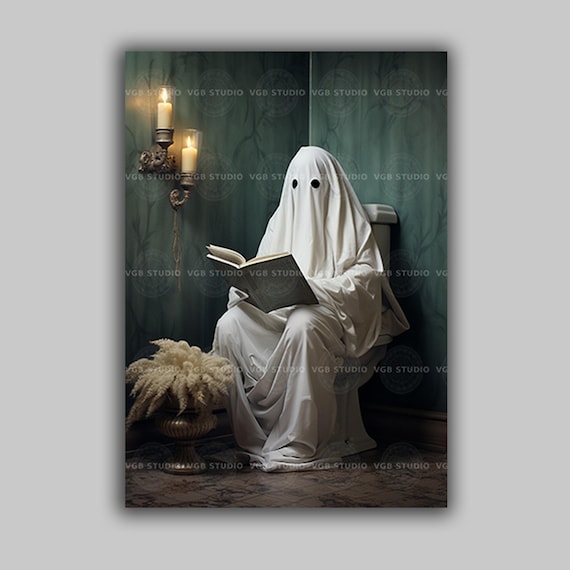 Funny Ghost Bathroom Art Spooky Halloween Wall Print Gothic Humor Decor Reading Poster Haunted House Artwork Quirky Paranormal Gift H27